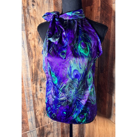 Banana Republic Petite PM Purple Green Peacock Halter Top Sleeveless Blouse - Picture 1 of 7